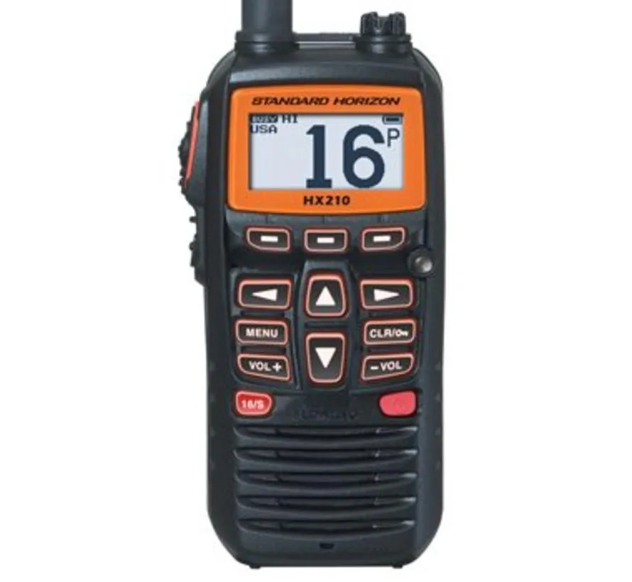 HX210E drijvende handheld marifoon met ATIS, IPX7, 6 W zendvermogen en 1850 mAh Li-ion accu