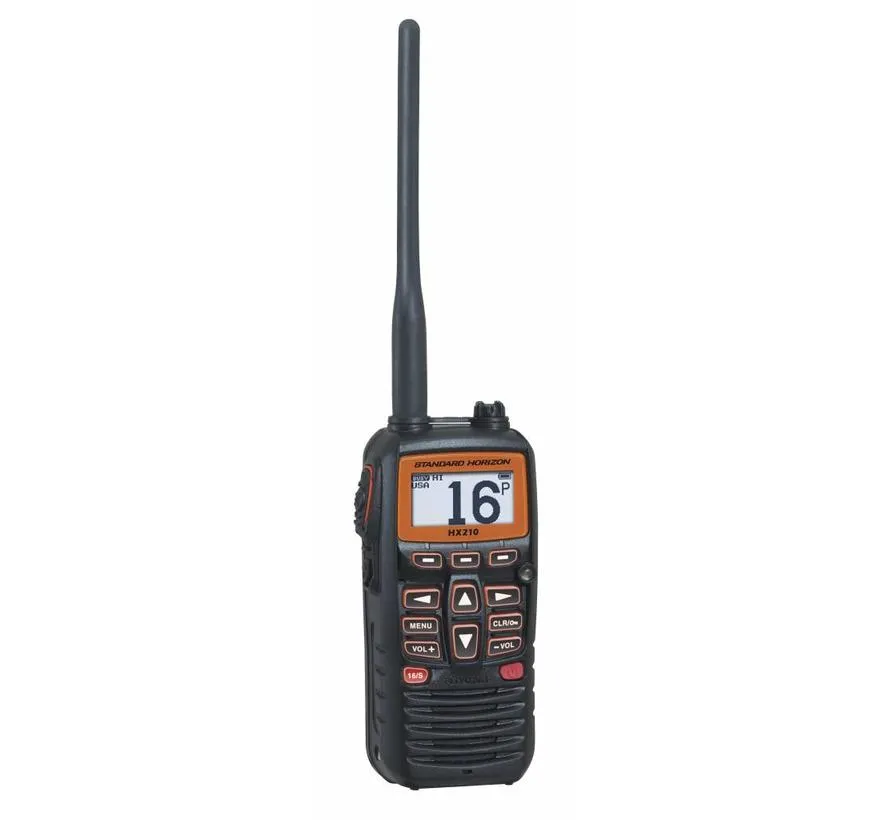 HX210E drijvende handheld marifoon met ATIS, IPX7, 6 W zendvermogen en 1850 mAh Li-ion accu