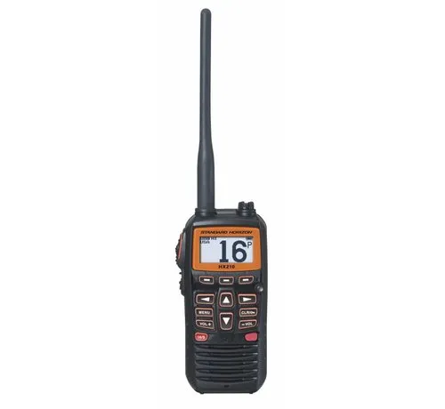 Standard Horizon HX210E floating handheld marine VHF radio with ATIS, IPX7, 6 W transmit power and 1850 mAh Li-ion battery