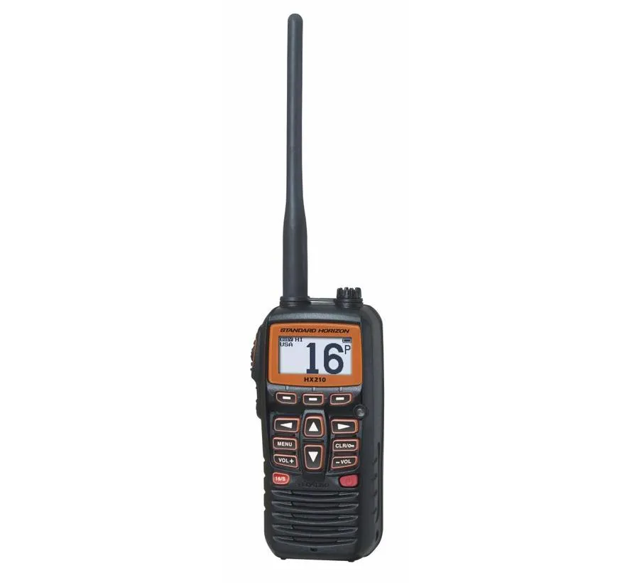 HX210E drijvende handheld marifoon met ATIS, IPX7, 6 W zendvermogen en 1850 mAh Li-ion accu