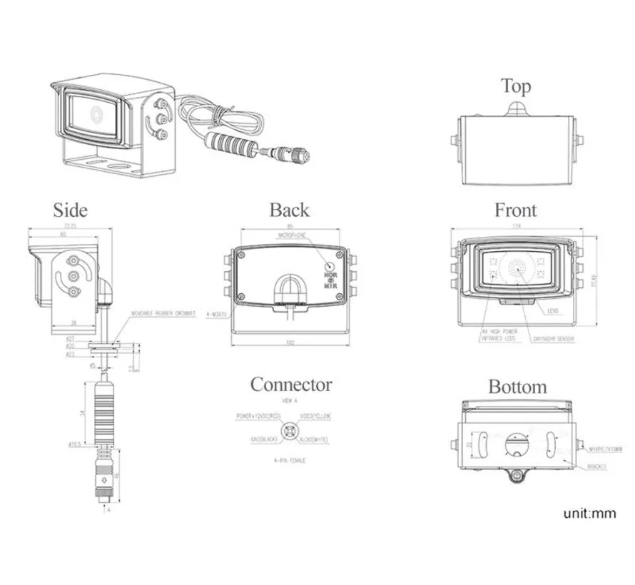 A4 Pro 120° heavy-duty 12V reversing camera