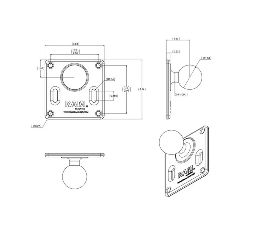 RAM-2461U 75x75mm VESA Plaat with Bal