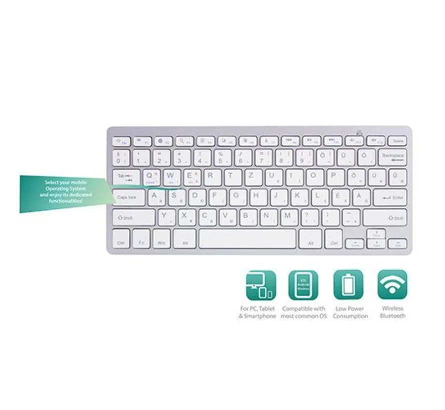 Keyboard Bluetooth, Qwerty, zilver with wit