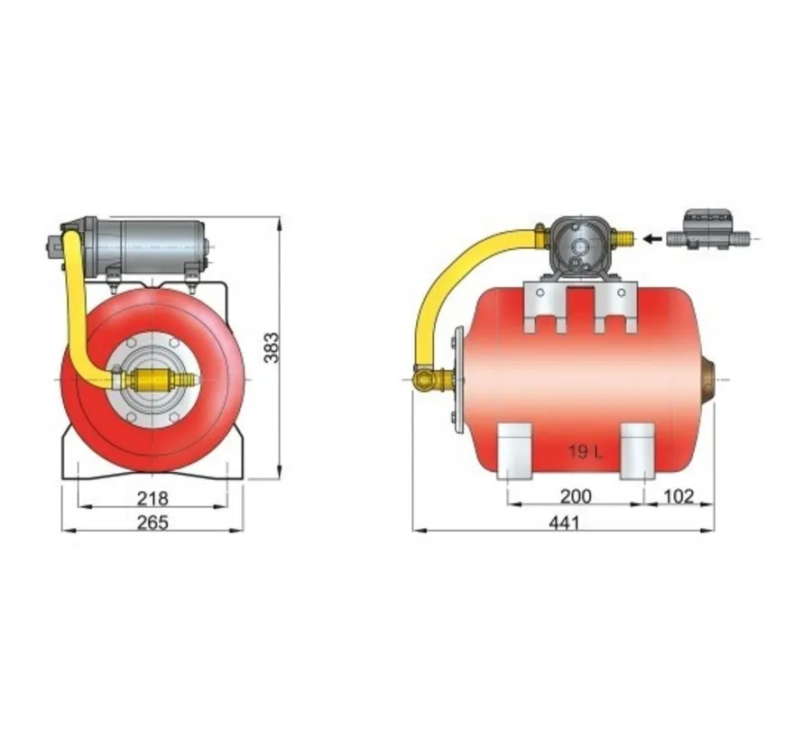 Waterdruksysteem 12V met 19 liter drukvat