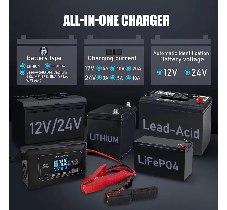 Smart LiFePO4 charger 12V/24V 20A for lithium and lead-acid batteries