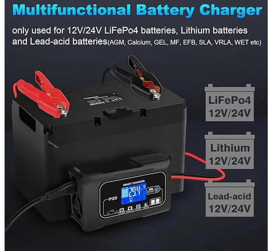 Smart LiFePO4 Ladegerät 12V/24V 20A für Lithium- und Bleibatterien