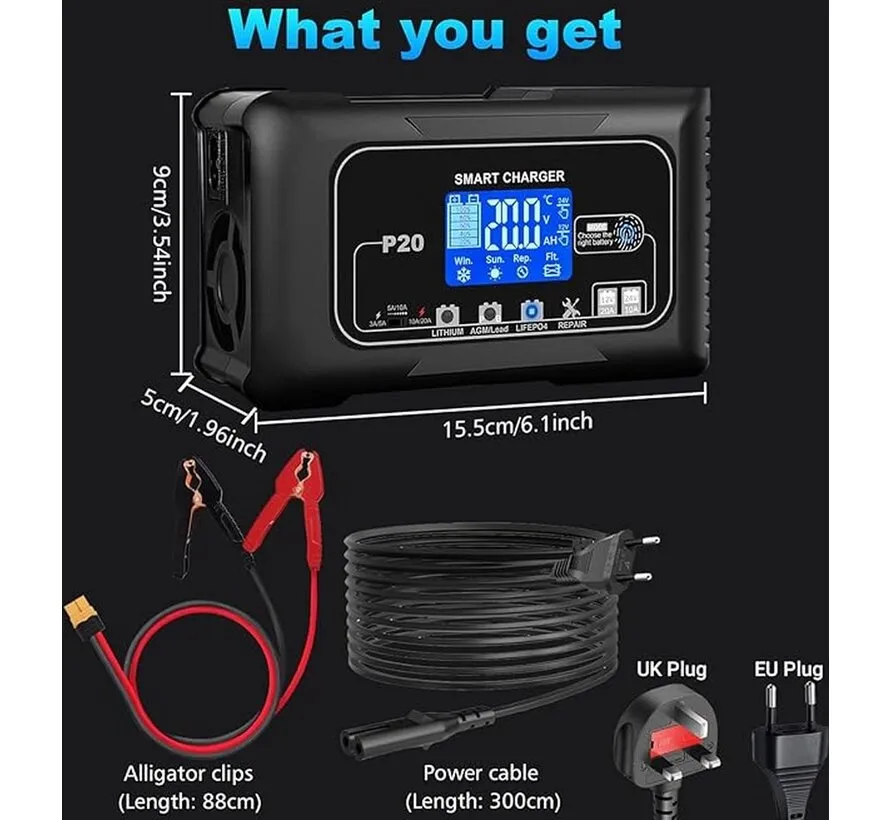 Smart LiFePO4 Ladegerät 12V/24V 20A für Lithium- und Bleibatterien