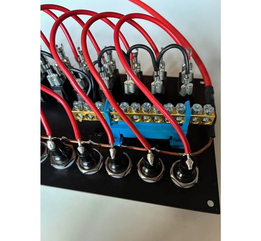 Black switch panel with 10 switches for 12V and 24V with fuses and indicator LEDs
