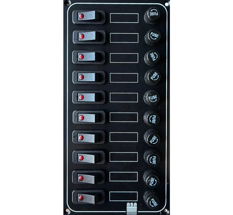 Black switch panel with 10 switches for 12V and 24V with fuses and indicator LEDs