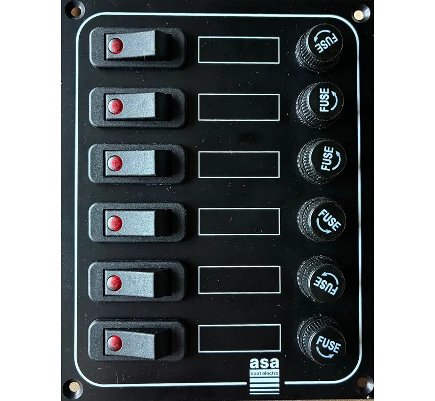 Black switch panel with 6 switches for 12V and 24V with fuses and indicator LEDs