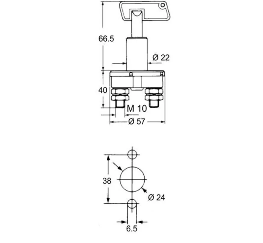 inbouw batterijschakelaar 100A continu / 500A max met M10 aansluitbouten voor 12V en 24V systemen