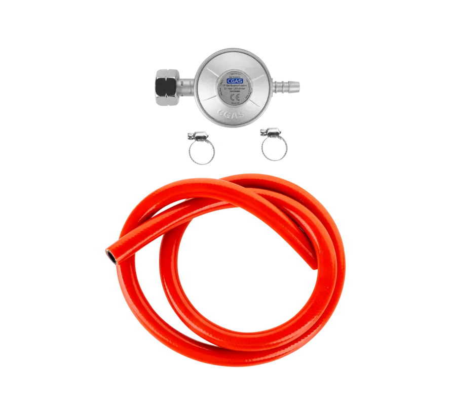 Gasdruckregler 37 mbar mit 1 m Gasschlauch und Schellen