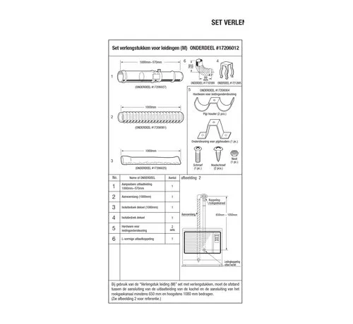 Toyotomi rookafvoerpijp verlengset M 650-1080 mm voor FF-kachels
