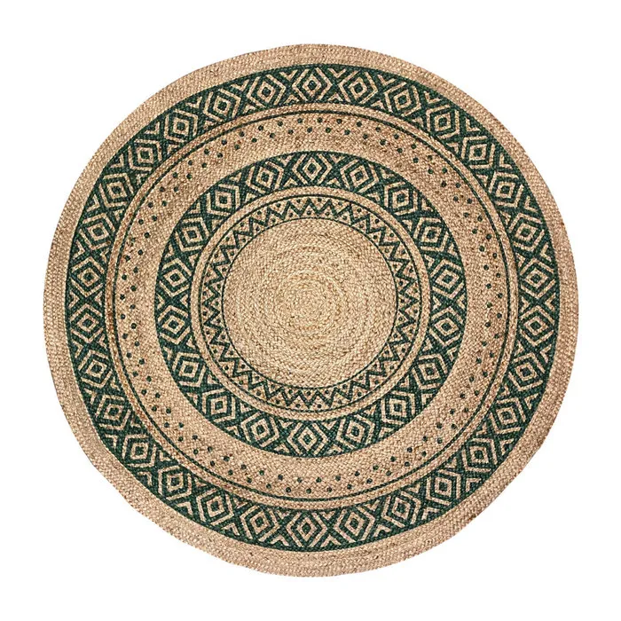 Jute vloerkleed rond met groen print