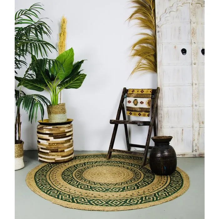Jute vloerkleed rond met groen print