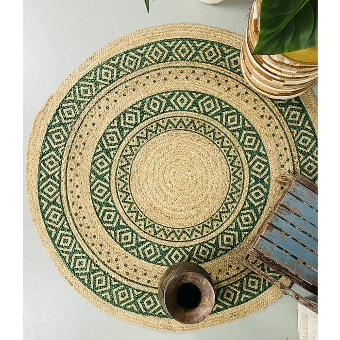 Jute vloerkleed rond met groen print