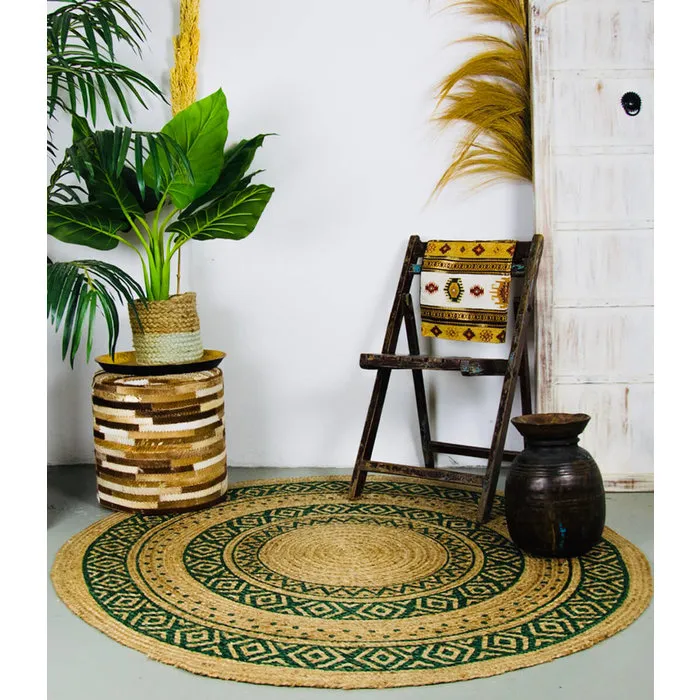 Jute vloerkleed rond met groen print