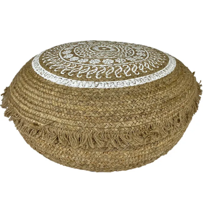 Jute poef - wit met franjes