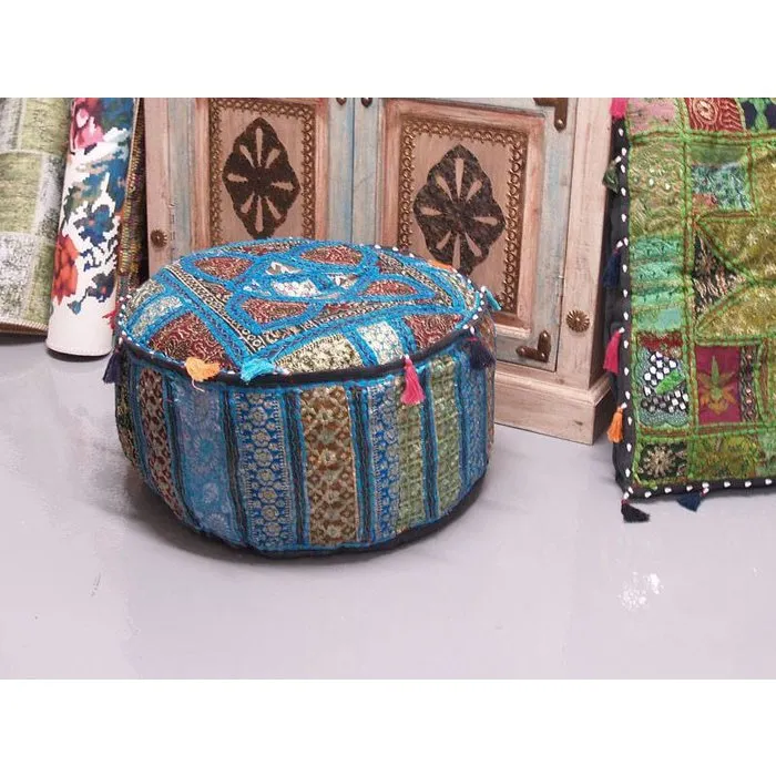 Oosterse poef blauw Indiaas patchwork