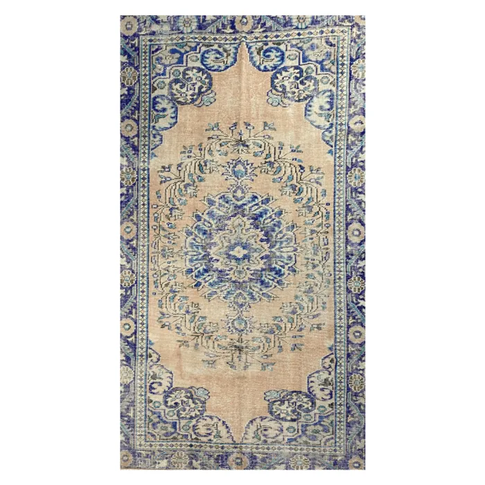 Vintage tapijt blauw beige 164 x 300 cm
