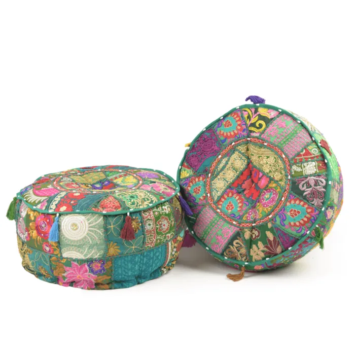 Oosterse poef groen uit India met gekleurde kwasten