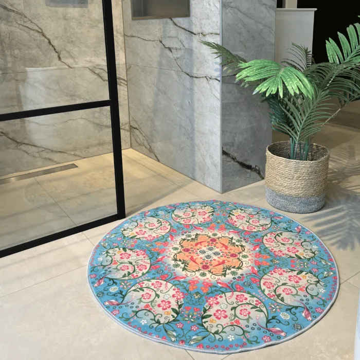 Ronde badmat Florali blauw