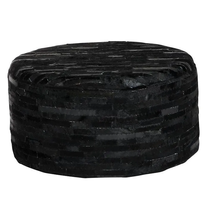 Leren poef zwart zilver reepjes leer