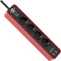 Brennenstuhl Ecolor 4-way extension lead with USB charging ports - red