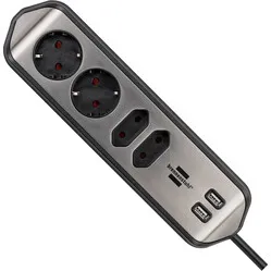 Brennenstuhl Estilo corner socket strip with USB charging ports - Stainless steel/black