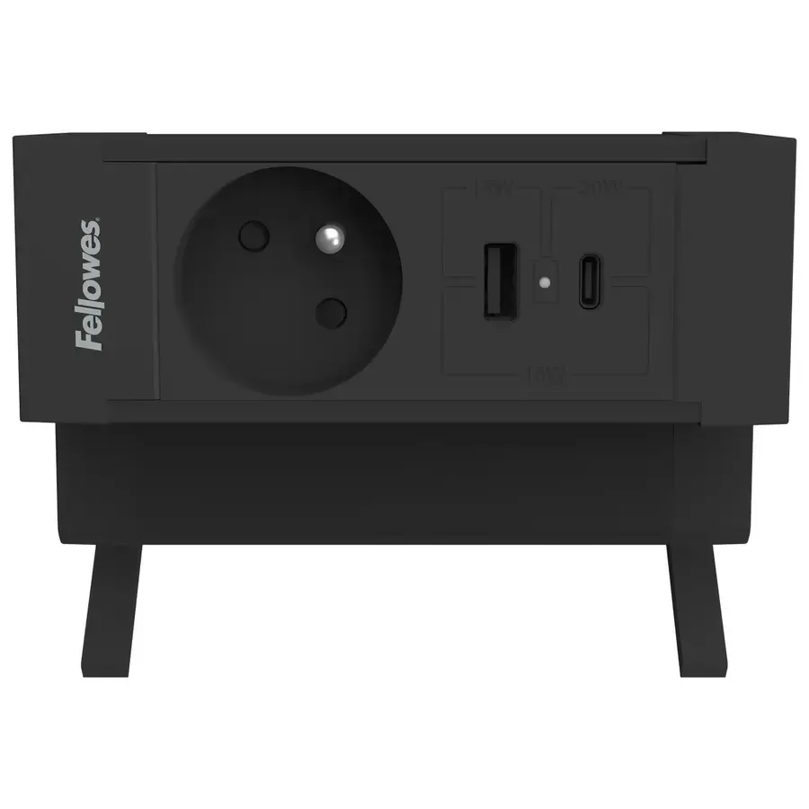 Fellowes Desk Up 2.0 - 1x pin earth + USB-A & USB-C charger black