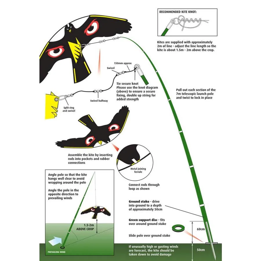 Vogelverjager set met 2 roofvogelvliegers en 7 meter telescopische mast