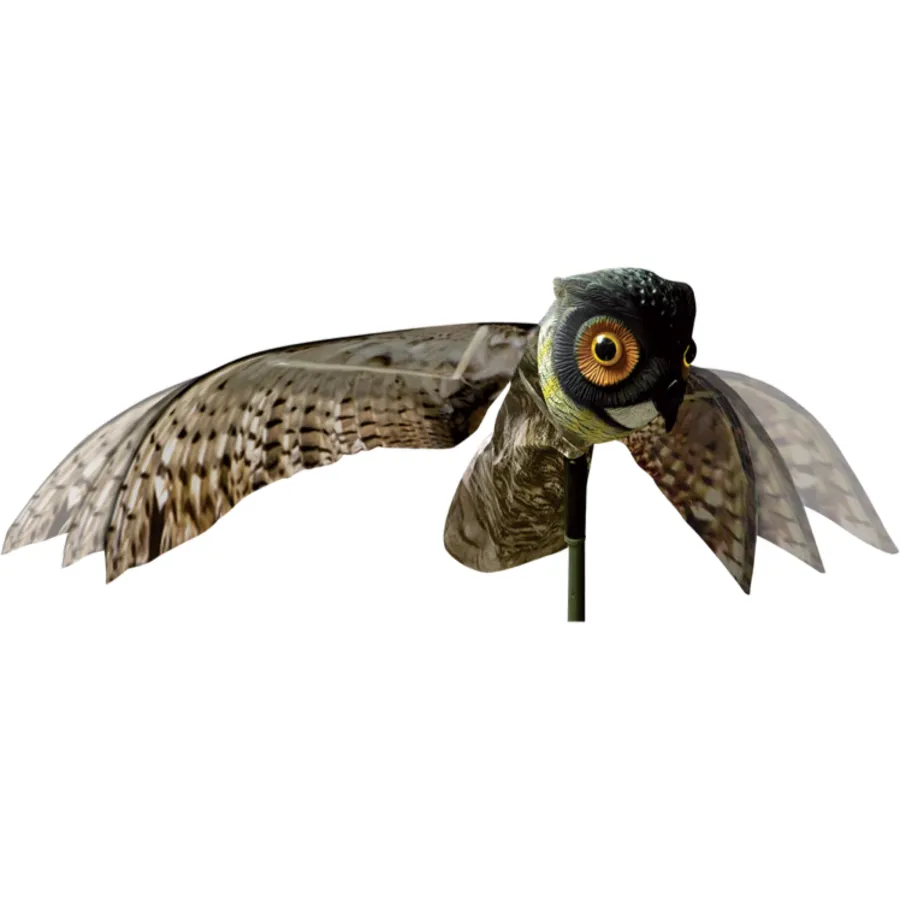 Bewegende oehoe vogelverjager 100 cm met wapperende vleugels