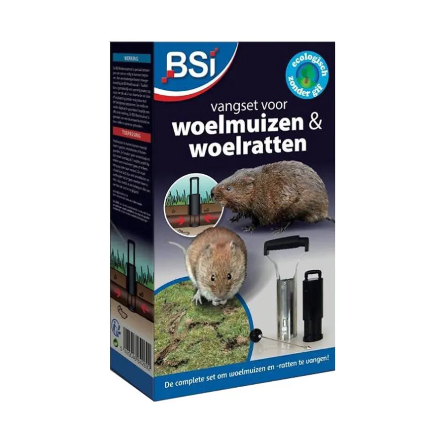 Complete vangset voor woelmuizen en woelratten met klem, zoekstaaf en bodemperforator