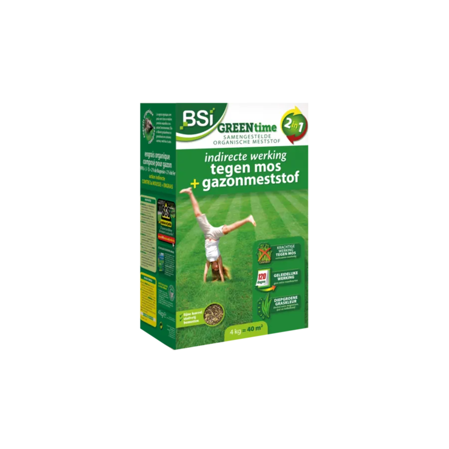 Merk BSI  Verkrijgbaar in 4KG  10KG  20KG  Een mooi en diepgroen gazon met Greentime 2 in 1 van BSI!  …  Nagedacht gedurende 10s Titel Green Time 2 in 1 gazonmeststof  Lange titel Green Time 2 in 1 gazonmeststof 10 kg | voor 100 m² | 4 maanden voeding
