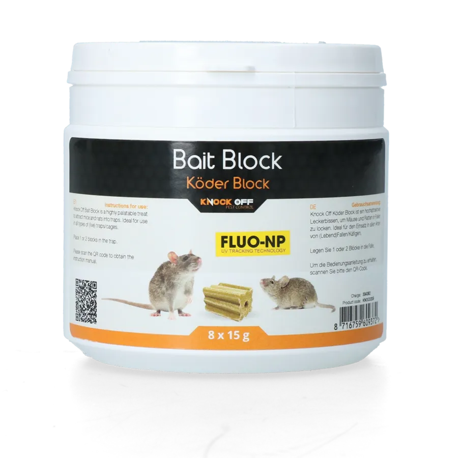 Lokmiddel blok Fluo-NP 4 of 8 x 15 gram voor muizen- en rattenvallen met UV-monitoring