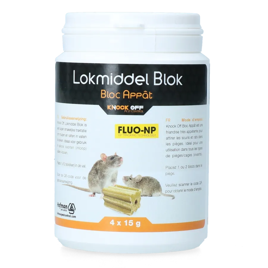 Lokmiddel blok Fluo-NP 4 of 8 x 15 gram voor muizen- en rattenvallen met UV-monitoring