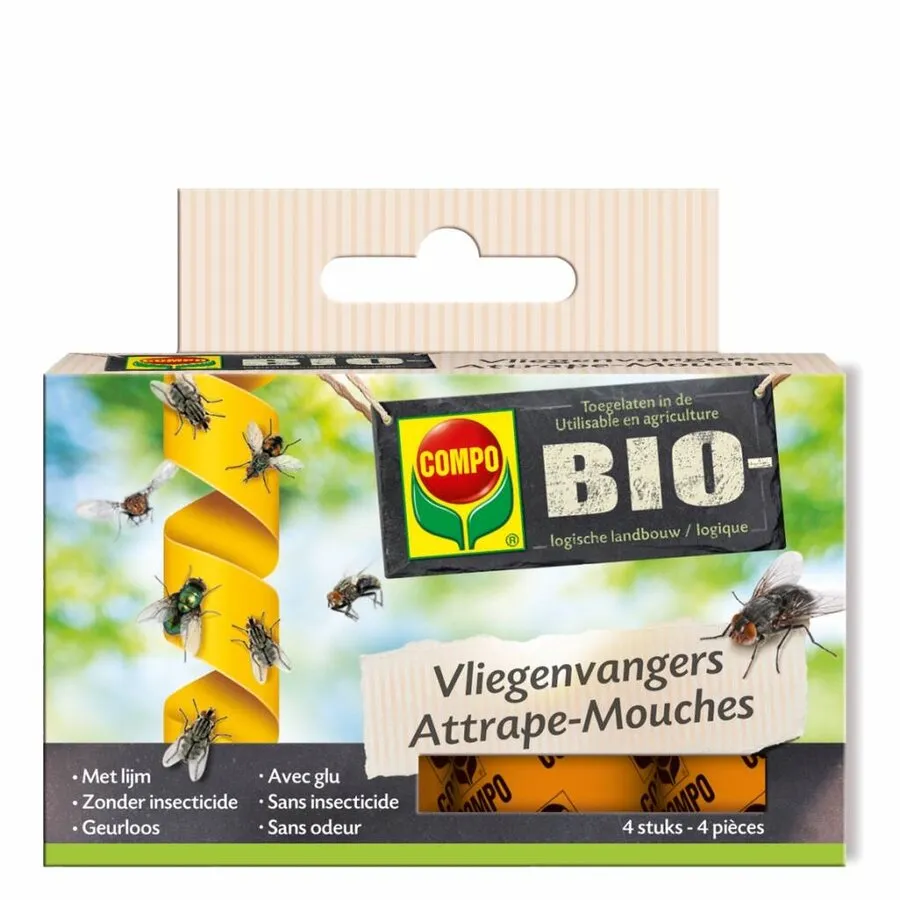 BIO Vliegenvangers 4 stuks | Geurloze vliegenkleefstrips zonder insecticide | Tot 8 weken werkzaam