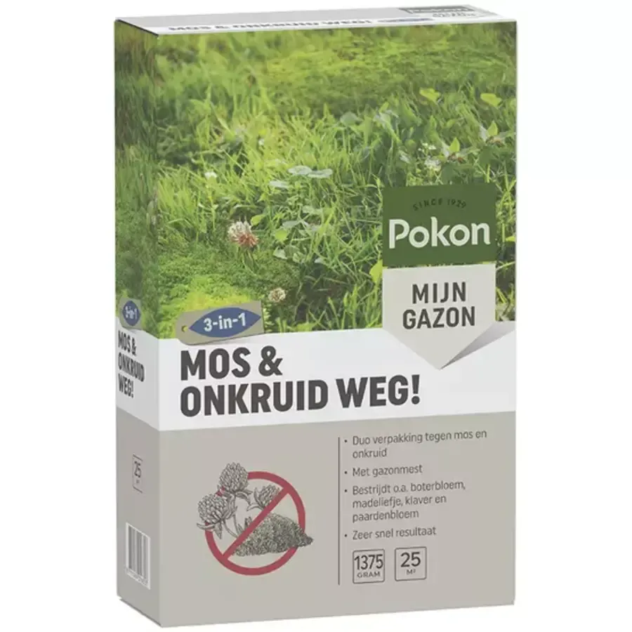 Mos & Onkruid Weg! 3-in-1 gazonbehandeling 1375 gram voor 25 m²