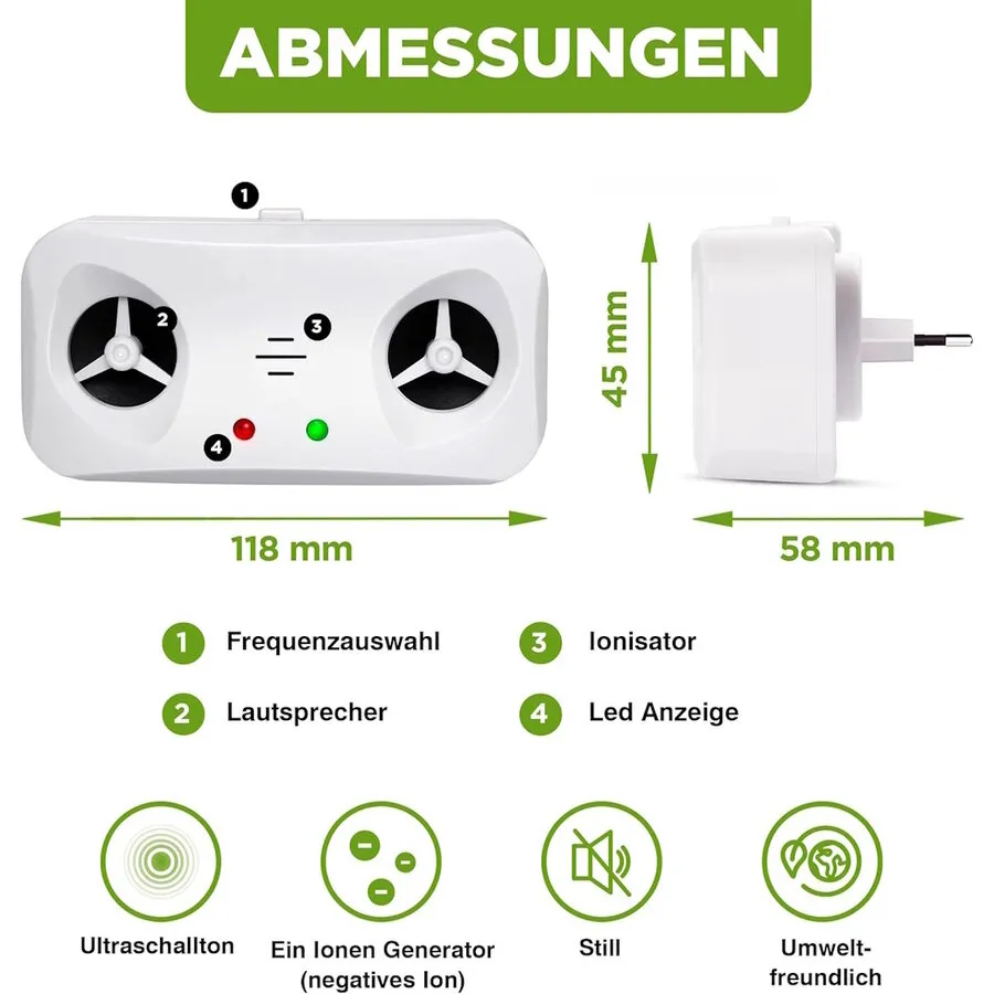 Ongedierte- en insectenverjager voor stopcontact | 3 standen | variabele frequenties | met luchtreiniging | tot 100 m²