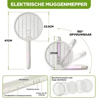 Opvouwbare elektrische insectendoder | 2-in-1 vliegenmepper + UV-insectenval | oplaadbaar via USB | vervangbare lithium batterij | tot 10 m²