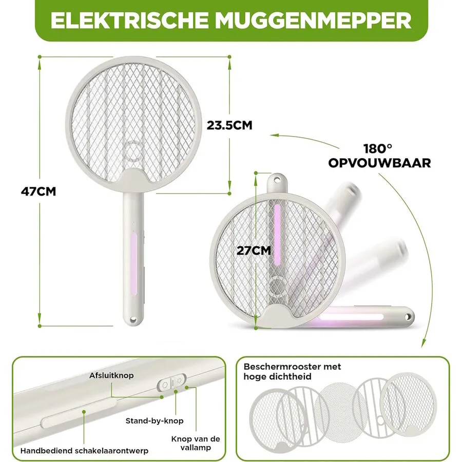 Opvouwbare elektrische insectendoder | 2-in-1 vliegenmepper + UV-insectenval | oplaadbaar via USB | vervangbare lithium batterij | tot 10 m²