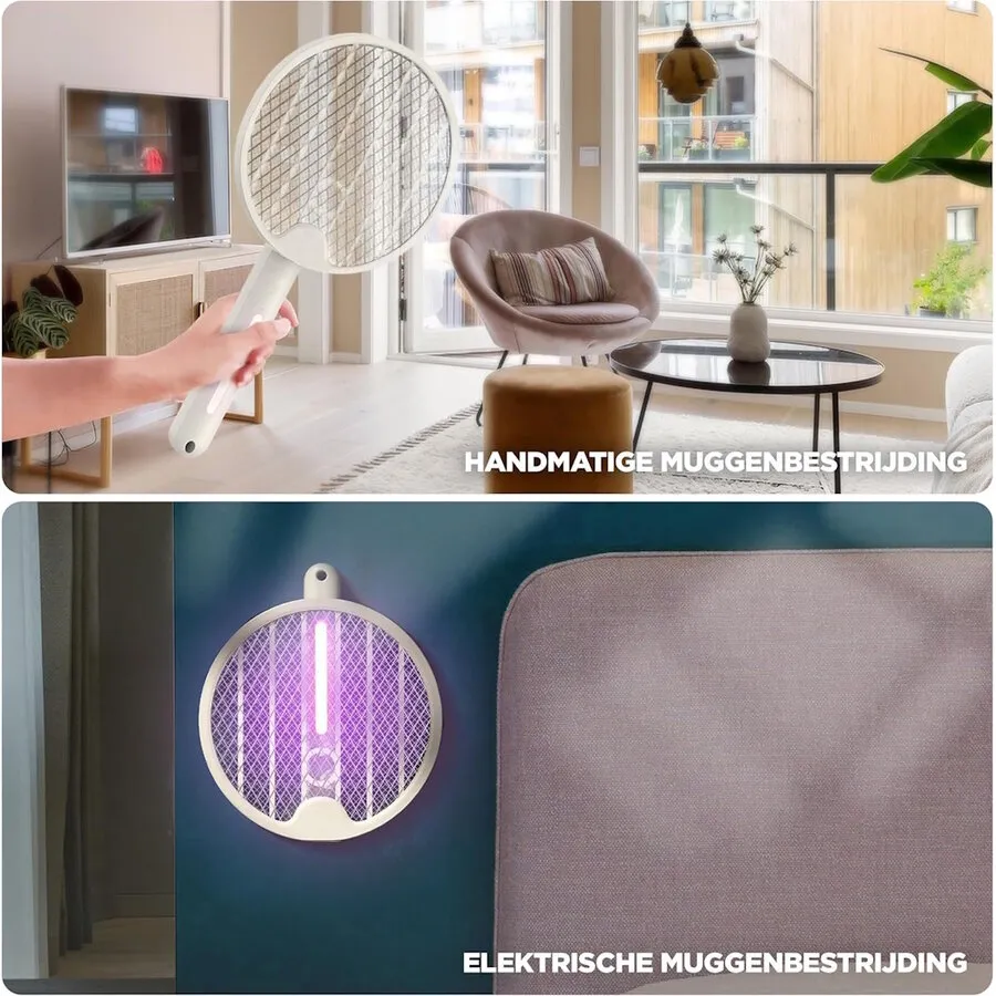 Opvouwbare elektrische insectendoder | 2-in-1 vliegenmepper + UV-insectenval | oplaadbaar via USB | vervangbare lithium batterij | tot 10 m²