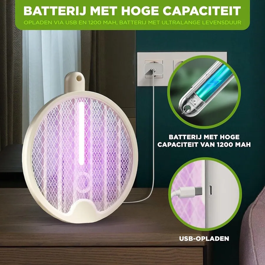 Opvouwbare elektrische insectendoder | 2-in-1 vliegenmepper + UV-insectenval | oplaadbaar via USB | vervangbare lithium batterij | tot 10 m²