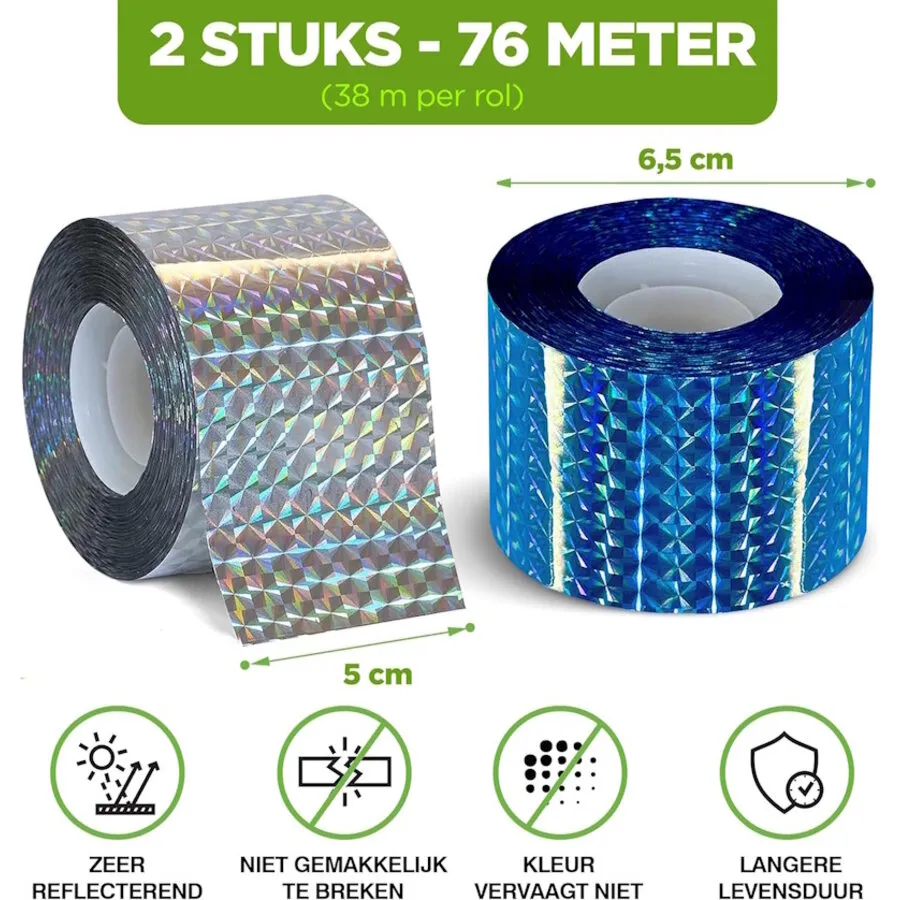 Reflecterend afweerlint 2 rollen van 38 meter | vogelwering voor tuin, balkon en fruitbomen