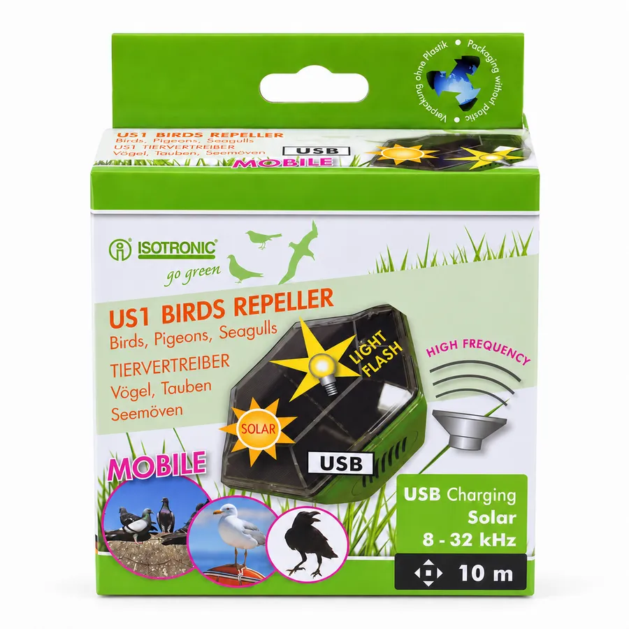 US1 Mobiele Vogelverjager Solar 8-32 kHz | USB-oplaadbaar | tot 10 m