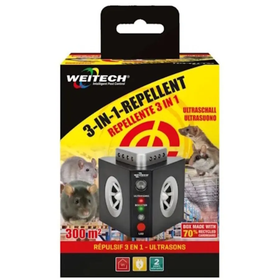 3-in-1 ultrasone knaagdierverjager met flitslicht | 300 m² | 240°