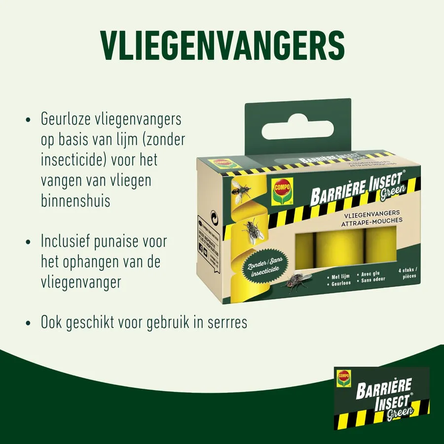 BIO Vliegenvangers 4 stuks | Geurloze vliegenkleefstrips zonder insecticide | Tot 8 weken werkzaam