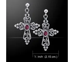Oorbellen zilver sierlijk kruis met granaat steen