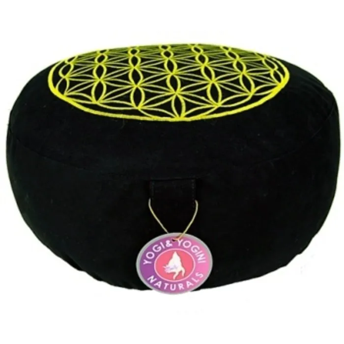 Meditatiekussen zwart met levensbloem geborduurd
