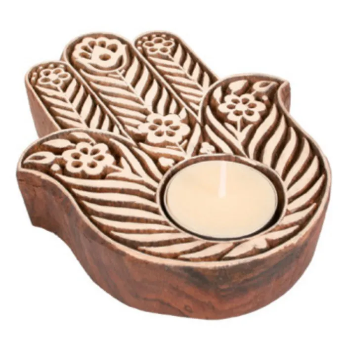 Houten healing hand theelichthouder groot